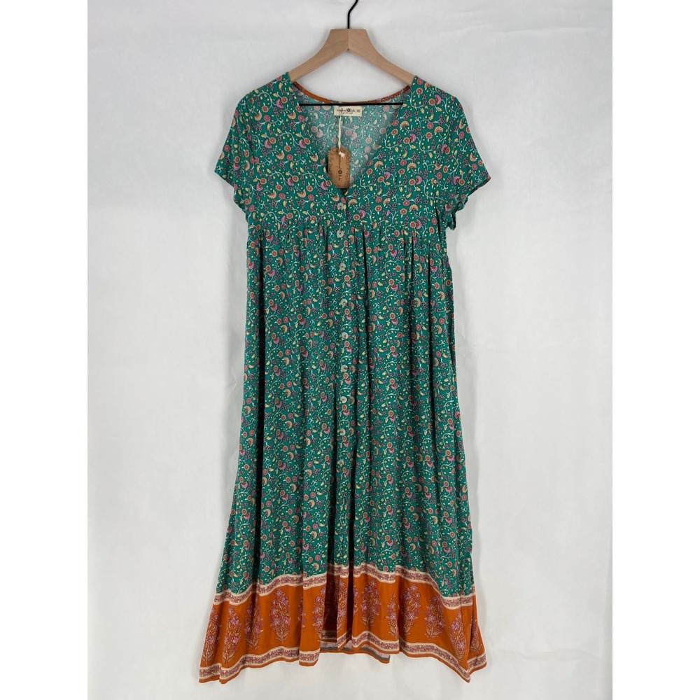 Natural Life Avery Midi Dress Womens XS Green Turquoise Floral Ruffle Front